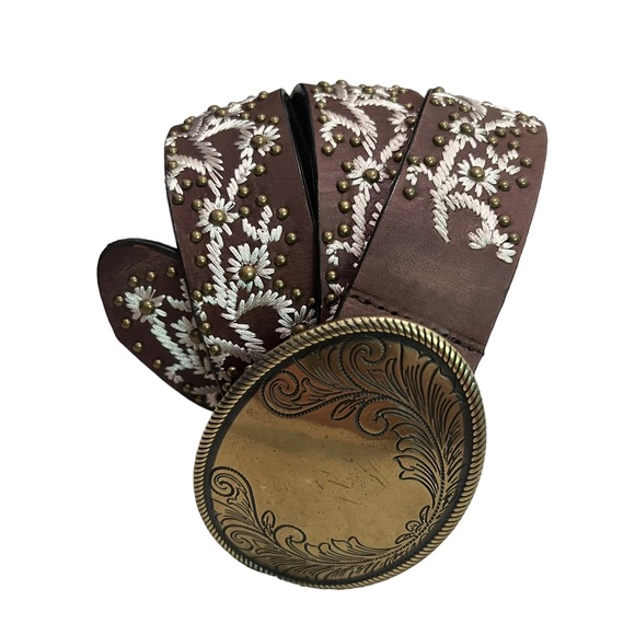 Accessories - Western Bohemian Leather Belt Brown Cream Embroidery Detail Bronze Studs Size M